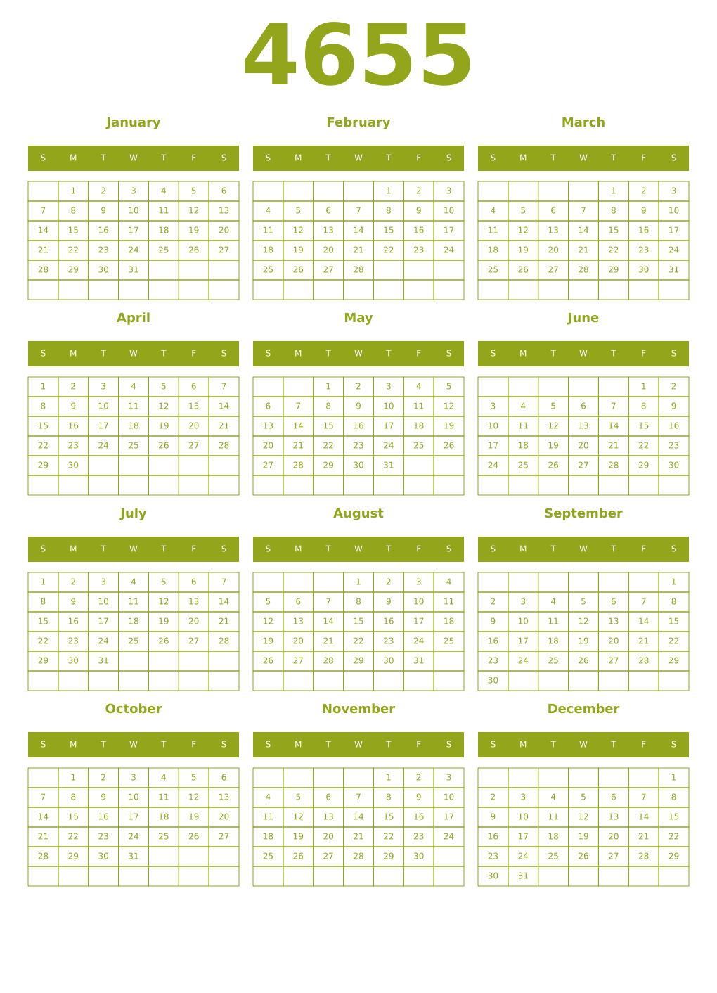 Printable 4655 Year Calendars chartreuse