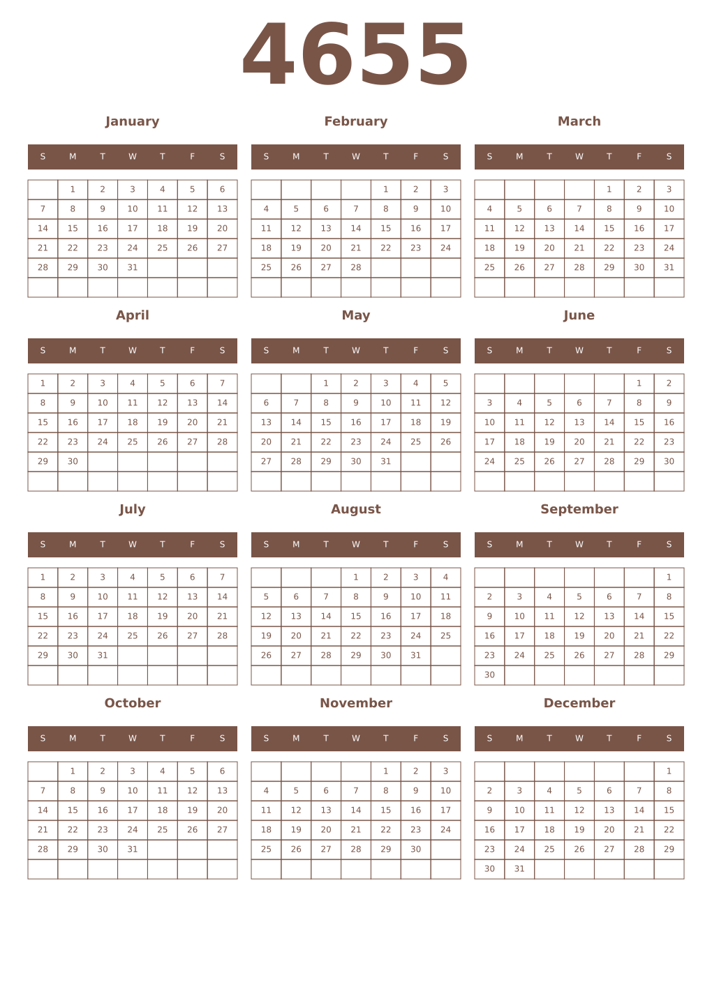 Printable 4655 Year Calendars coffe