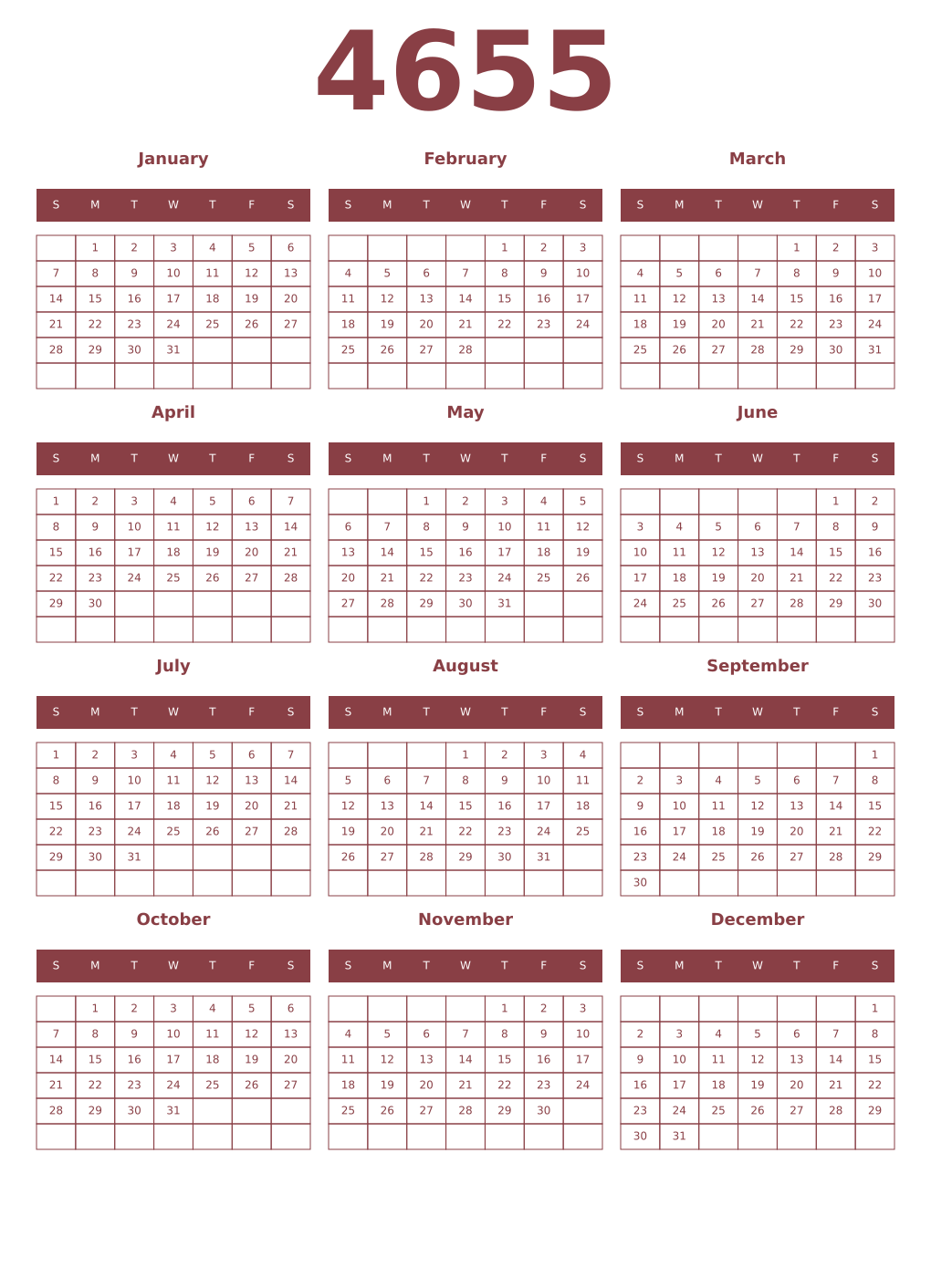 Printable 4655 Year Calendars cordovan