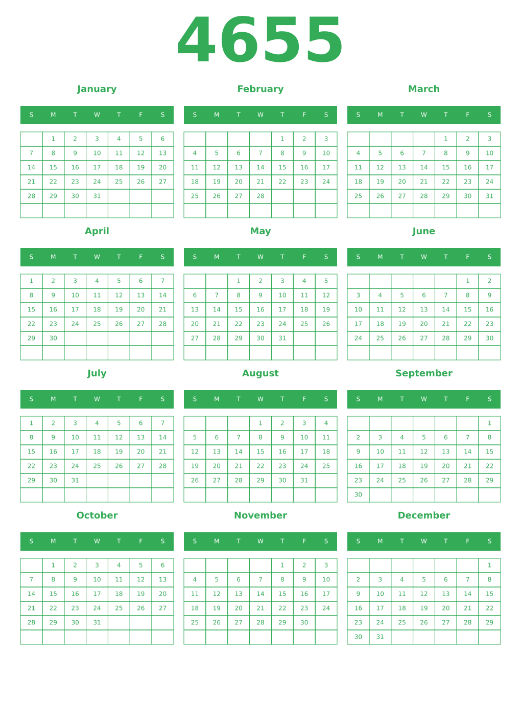 Printable 4655 Year Calendars green