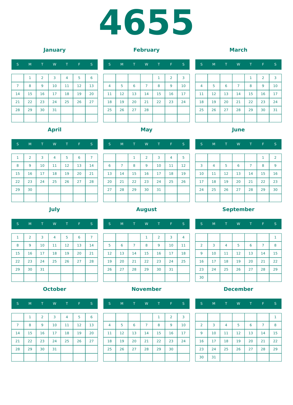 Printable 4655 Year Calendars pastel