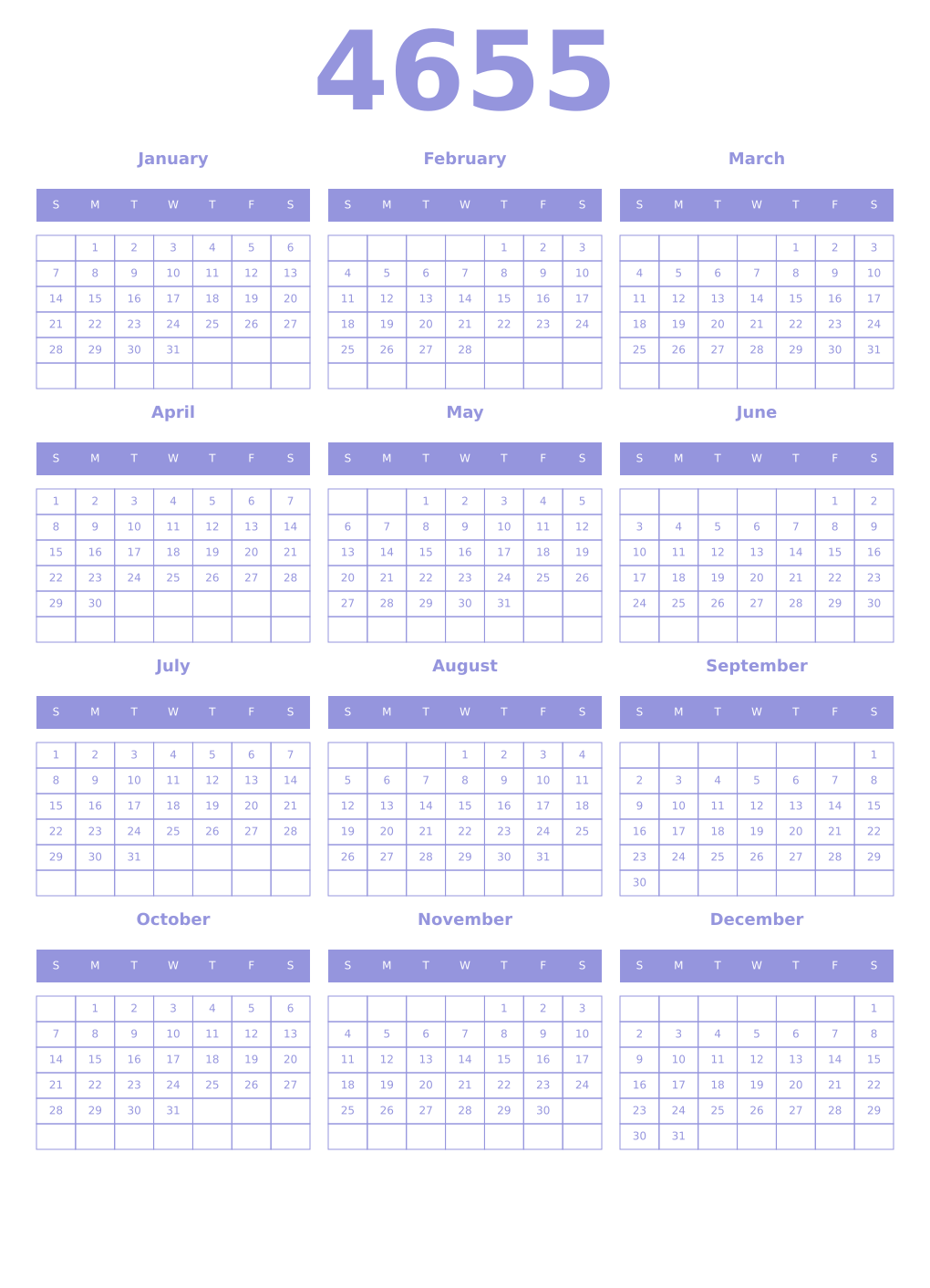 Printable 4655 Year Calendars periwinkle