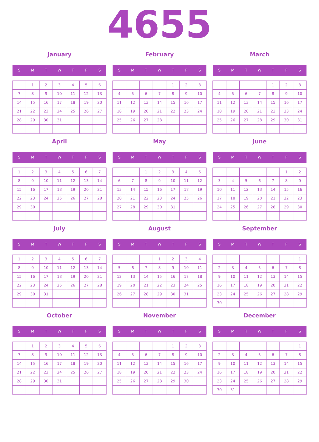 Printable 4655 Year Calendars purple