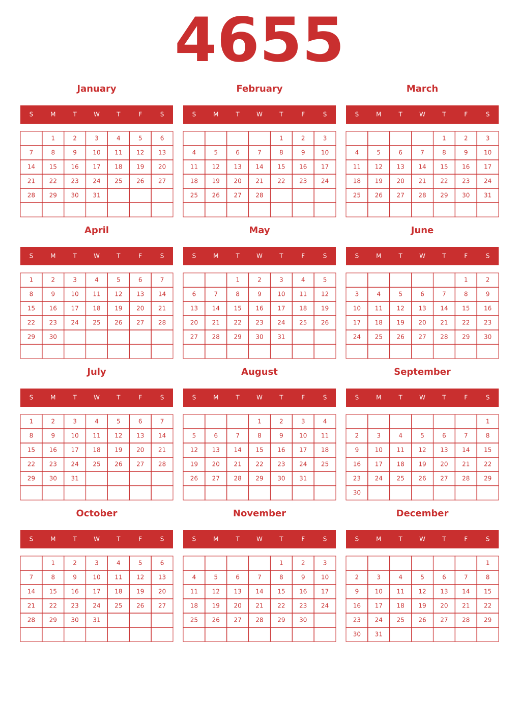 Printable 4655 Year Calendars red