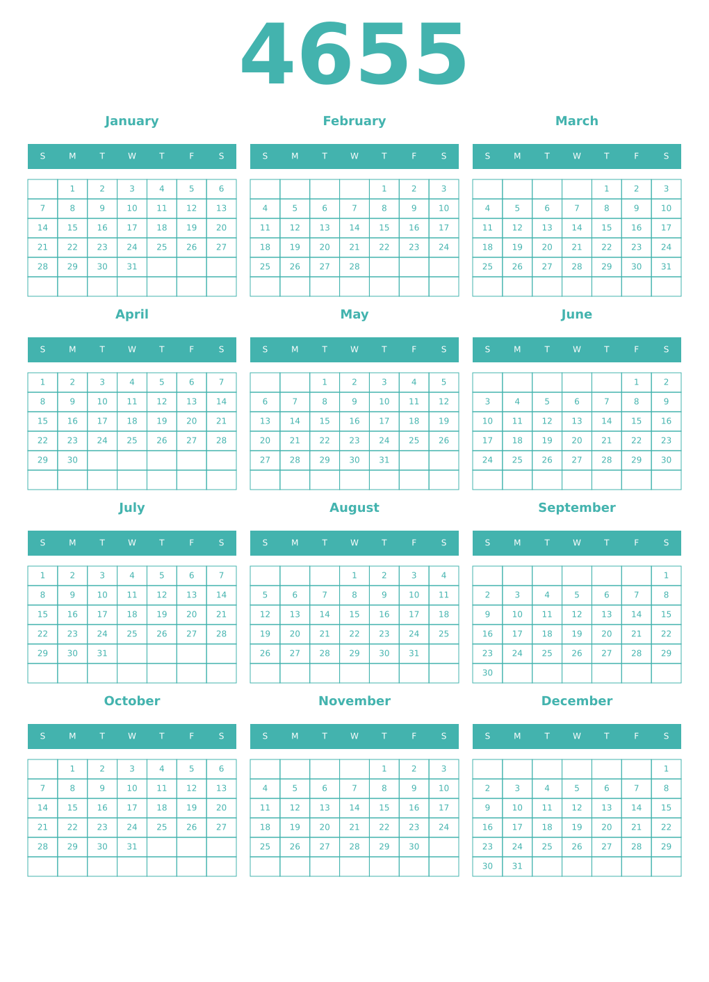 Printable 4655 Year Calendars verdigris