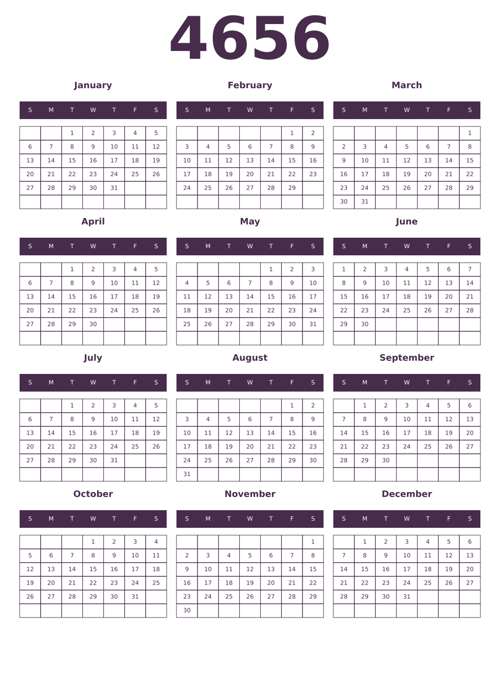 Printable 4656 Year Calendars aubergine