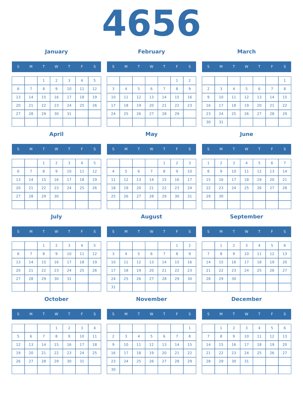 Printable 4656 Year Calendars blue