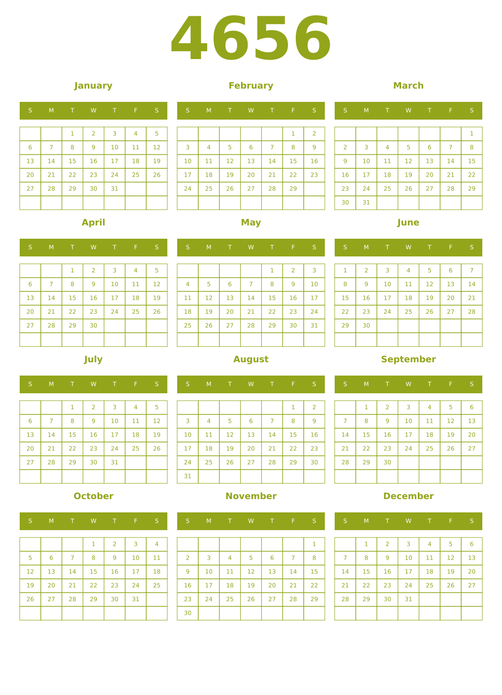 Printable 4656 Year Calendars chartreuse