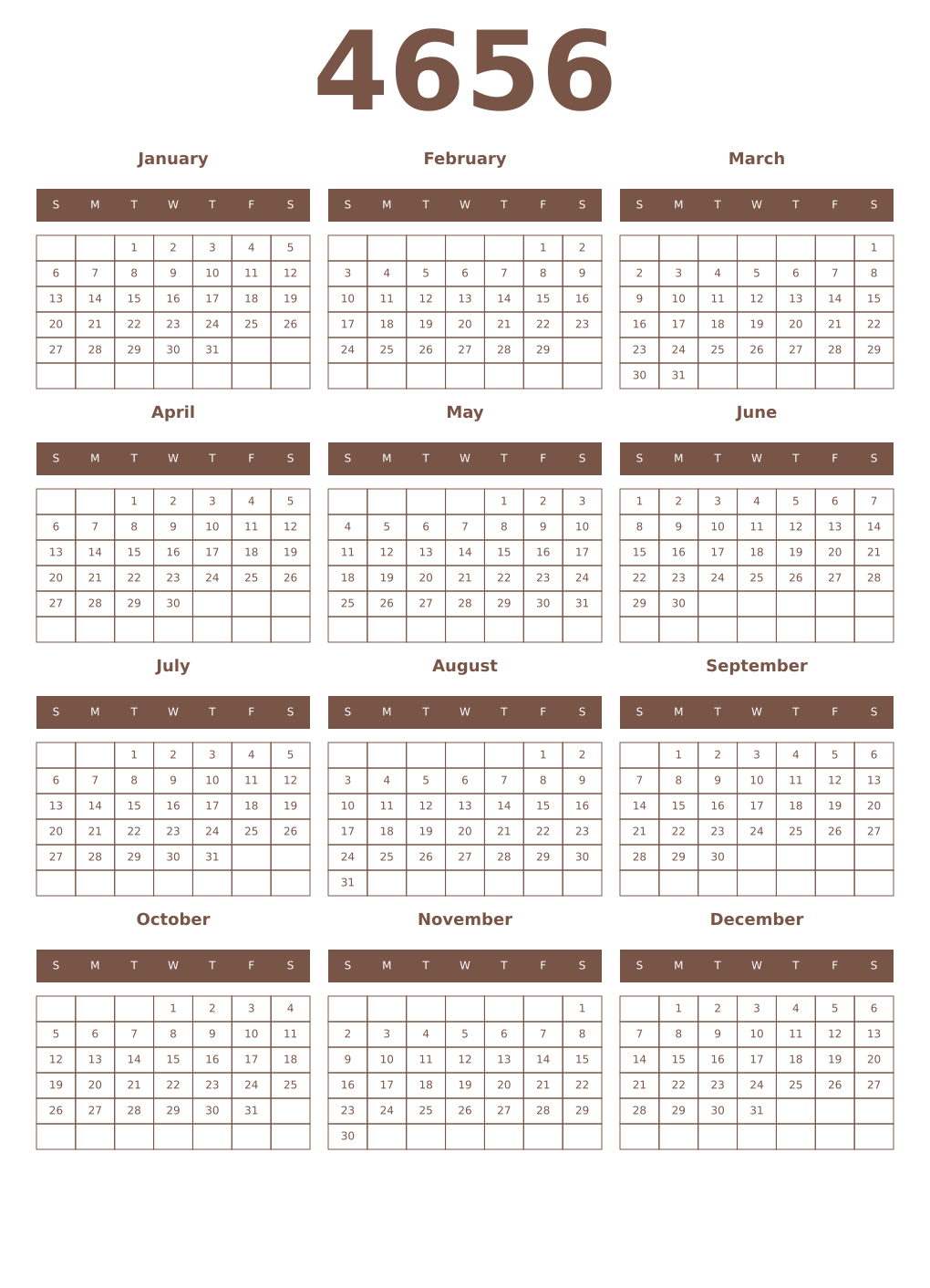 Printable 4656 Year Calendars coffe