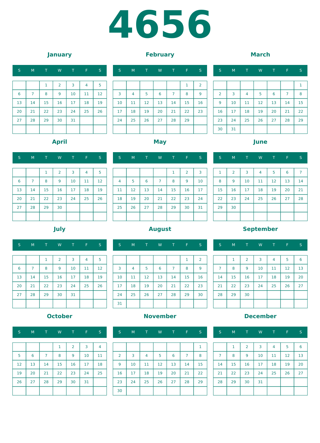 Printable 4656 Year Calendars pastel