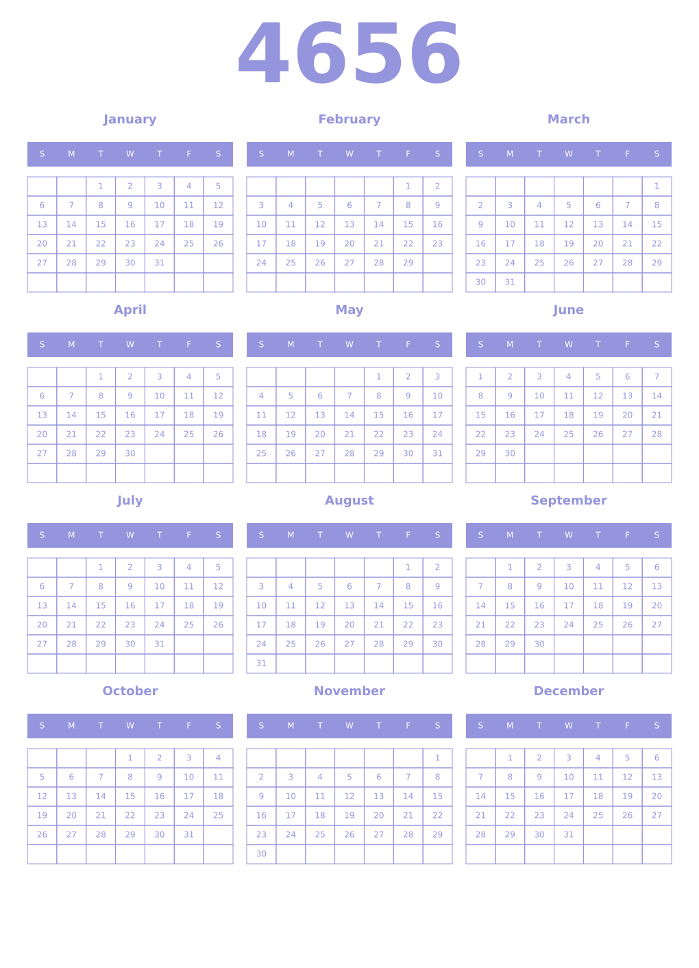 Printable 4656 Year Calendars periwinkle