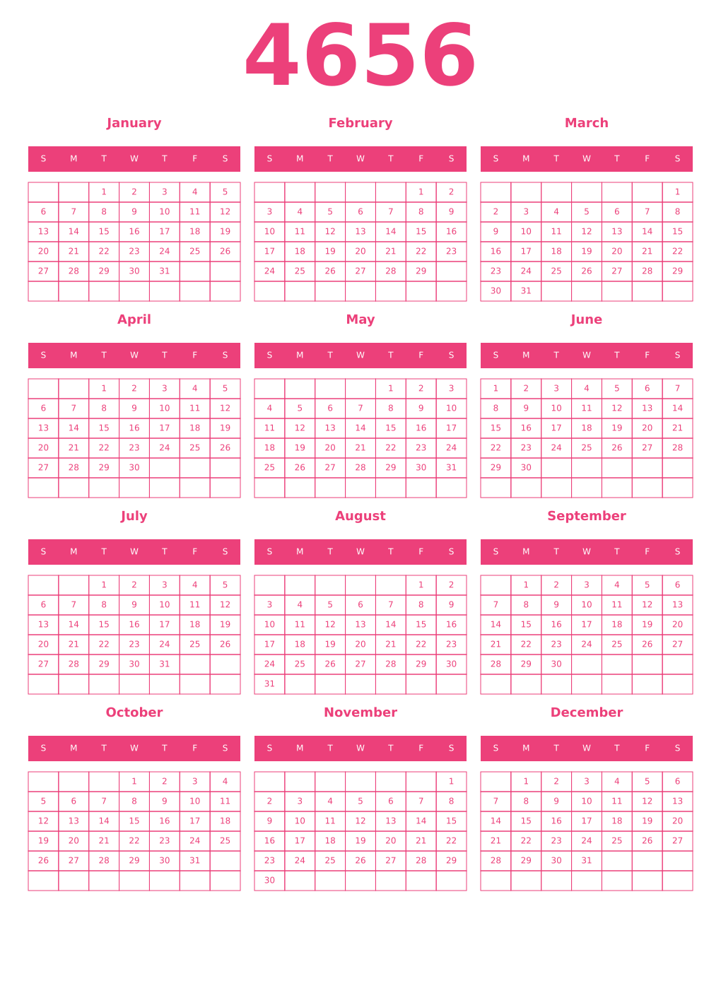 Printable 4656 Year Calendars pink