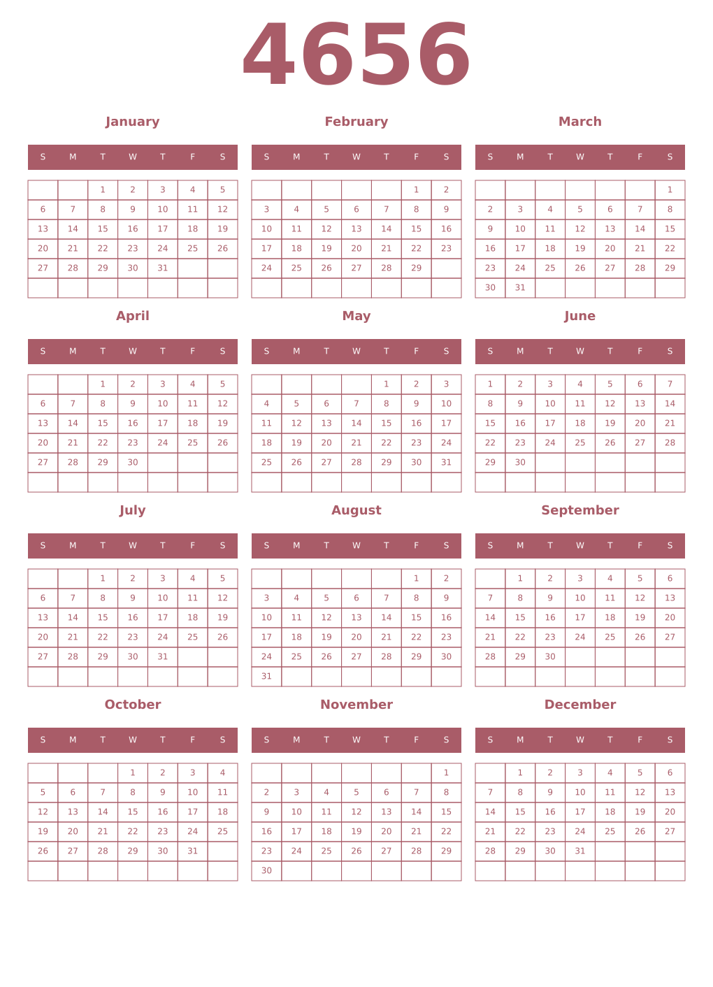 Printable 4656 Year Calendars puce