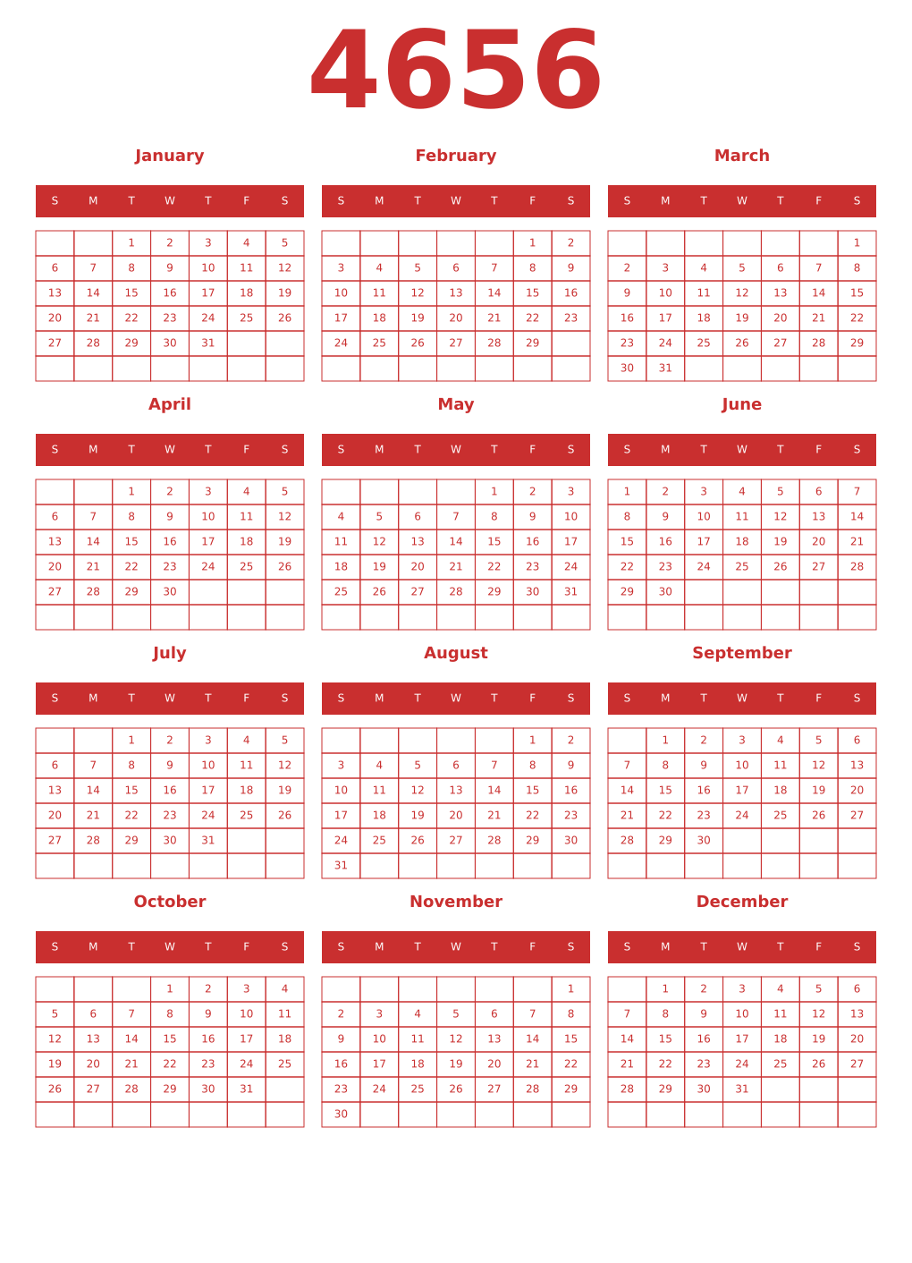 Printable 4656 Year Calendars red