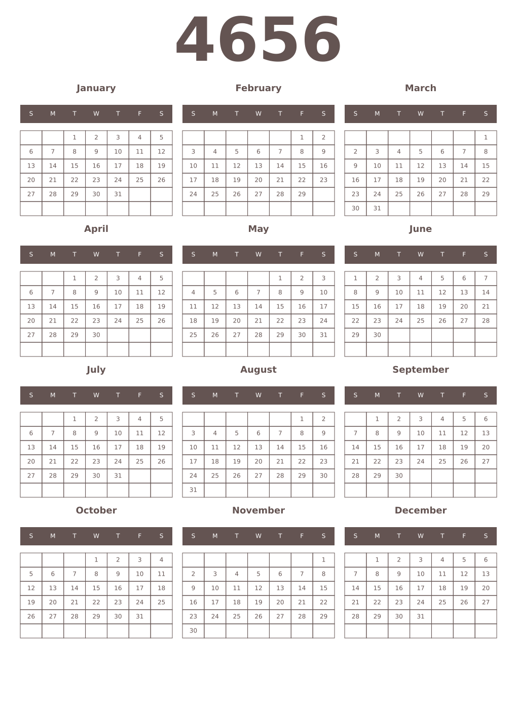 Printable 4656 Year Calendars wenge