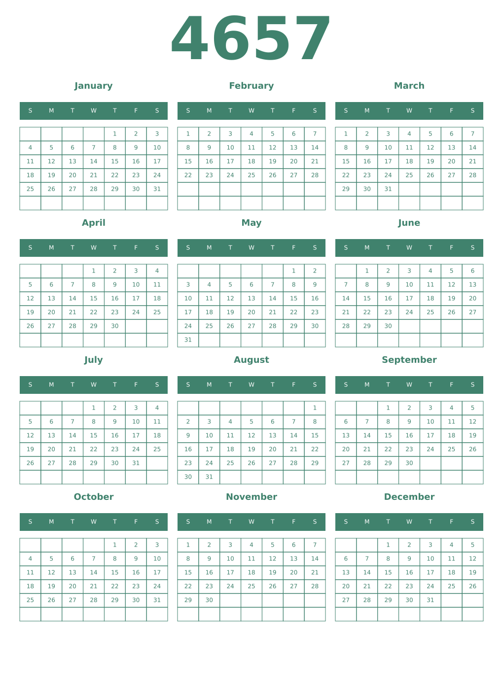 Printable 4657 Year Calendars viridian