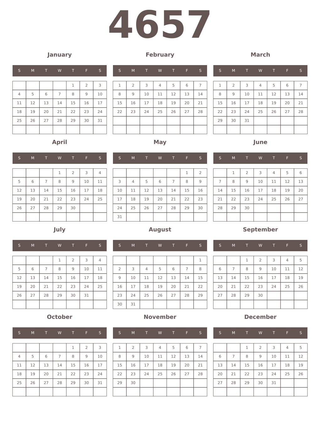Printable 4657 Year Calendars wenge