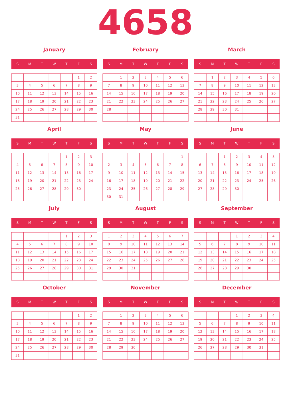 Printable 4658 Year Calendars amaranth