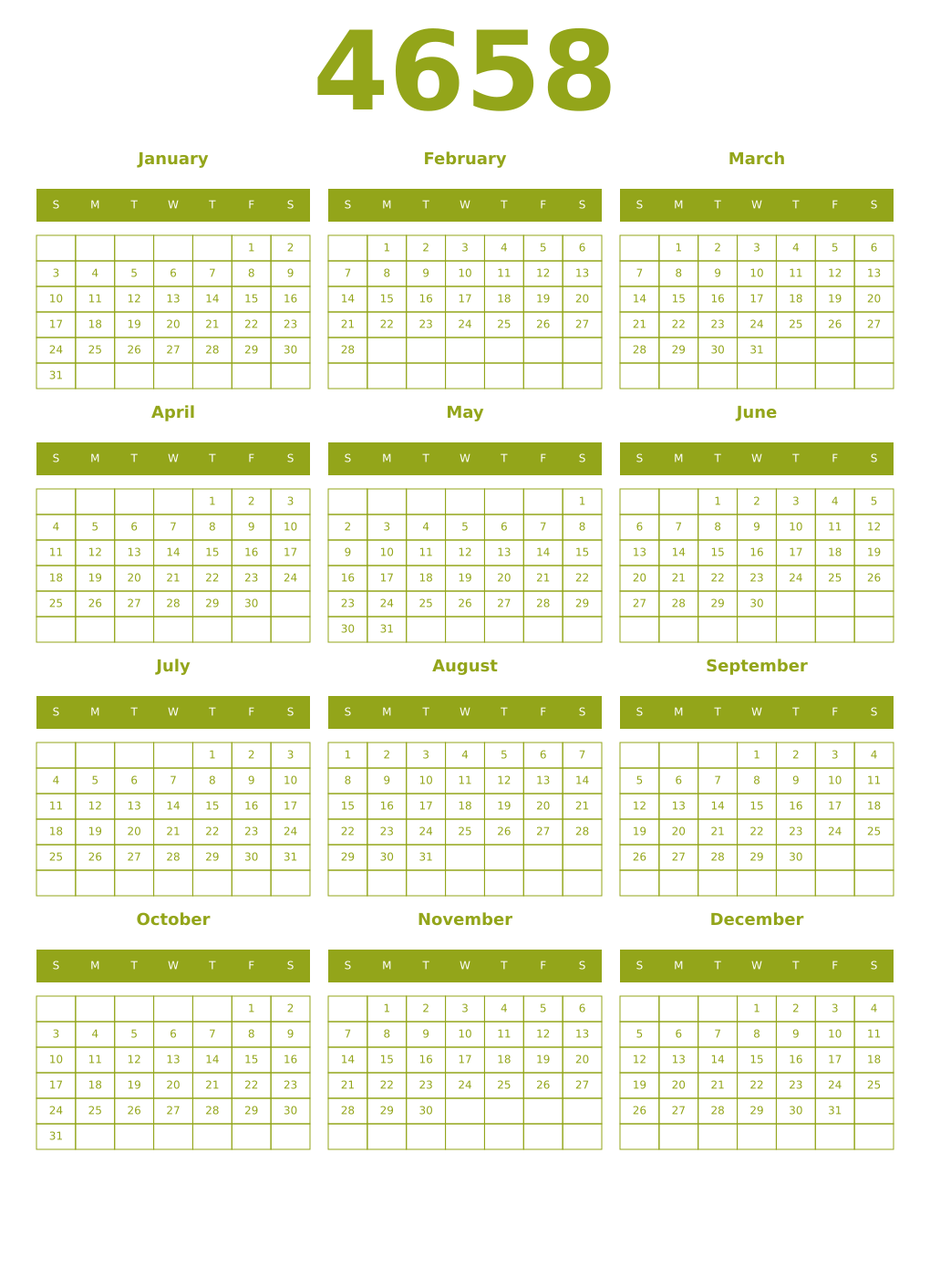 Printable 4658 Year Calendars chartreuse