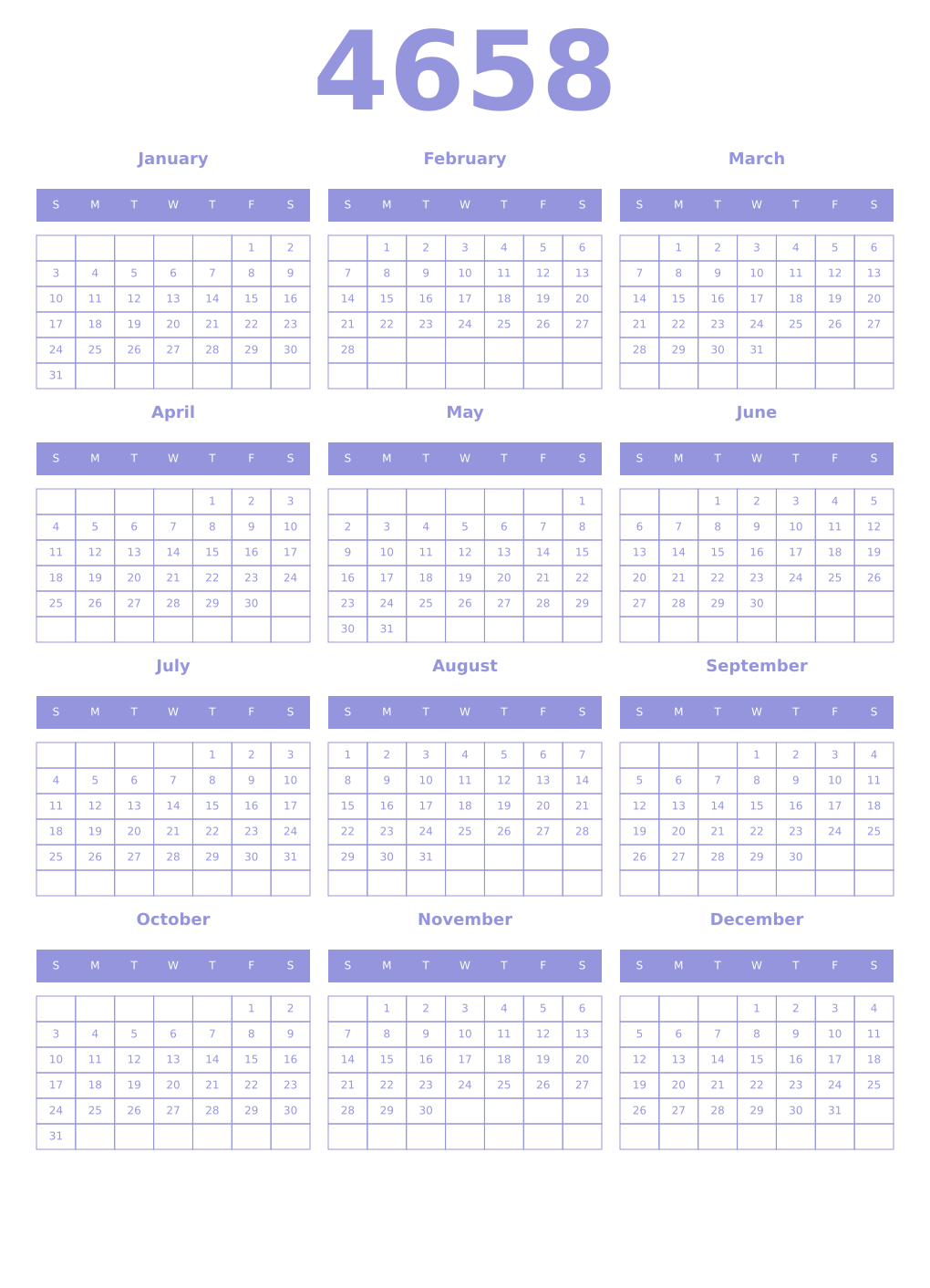 Printable 4658 Year Calendars periwinkle