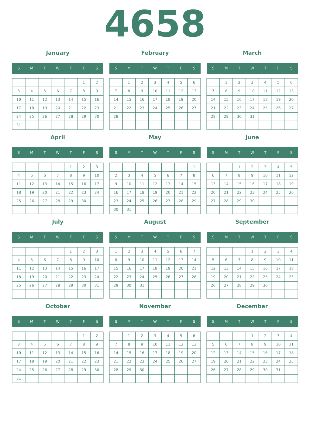 Printable 4658 Year Calendars viridian