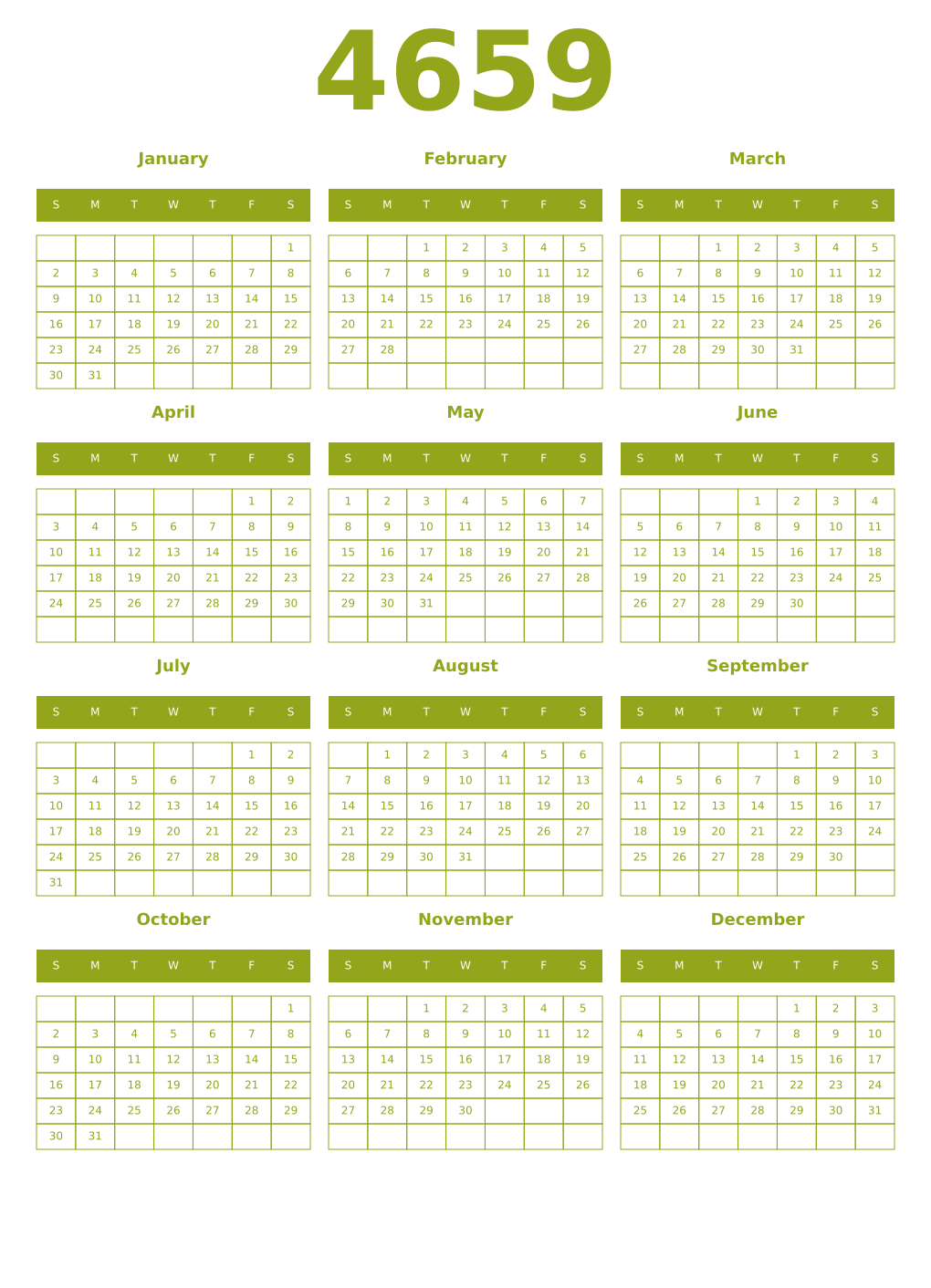 Printable 4659 Year Calendars chartreuse