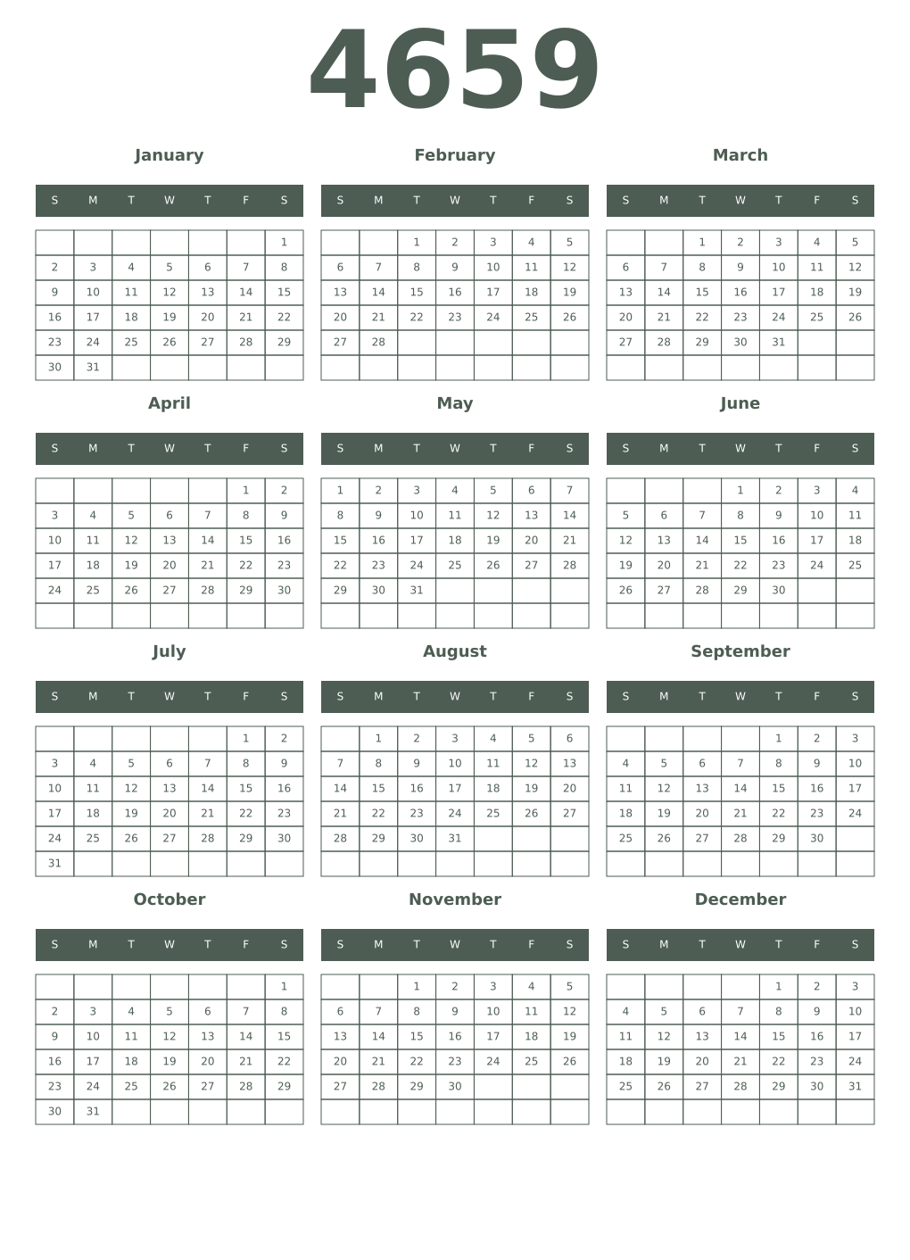 Printable 4659 Year Calendars feldgrau