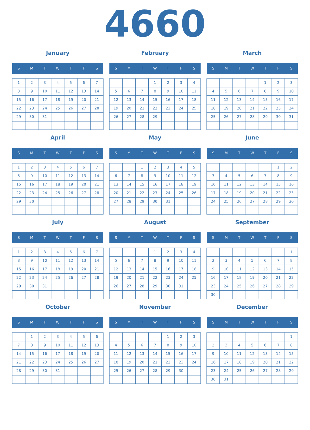 Printable 4660 Year Calendars blue