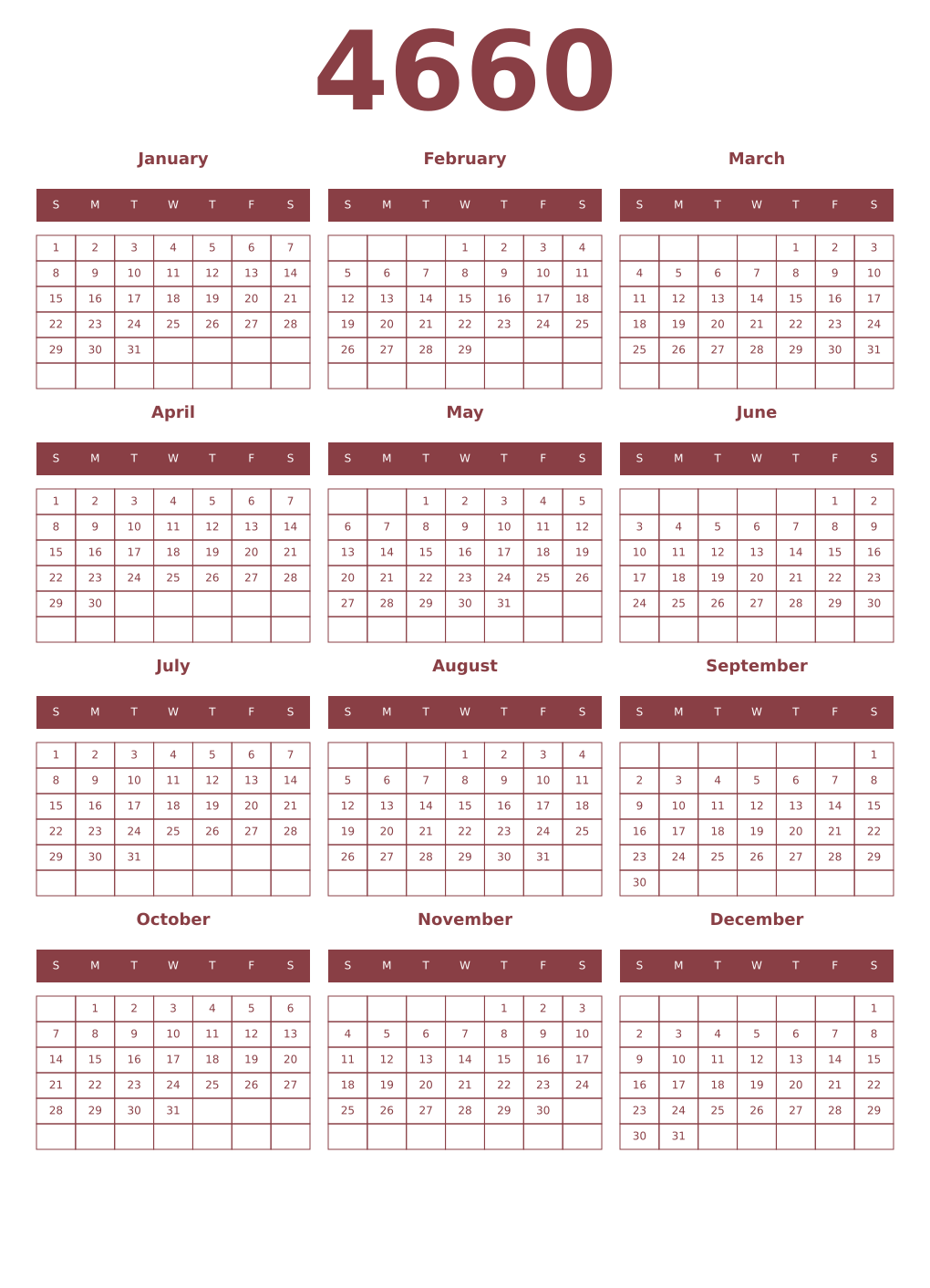 Printable 4660 Year Calendars cordovan