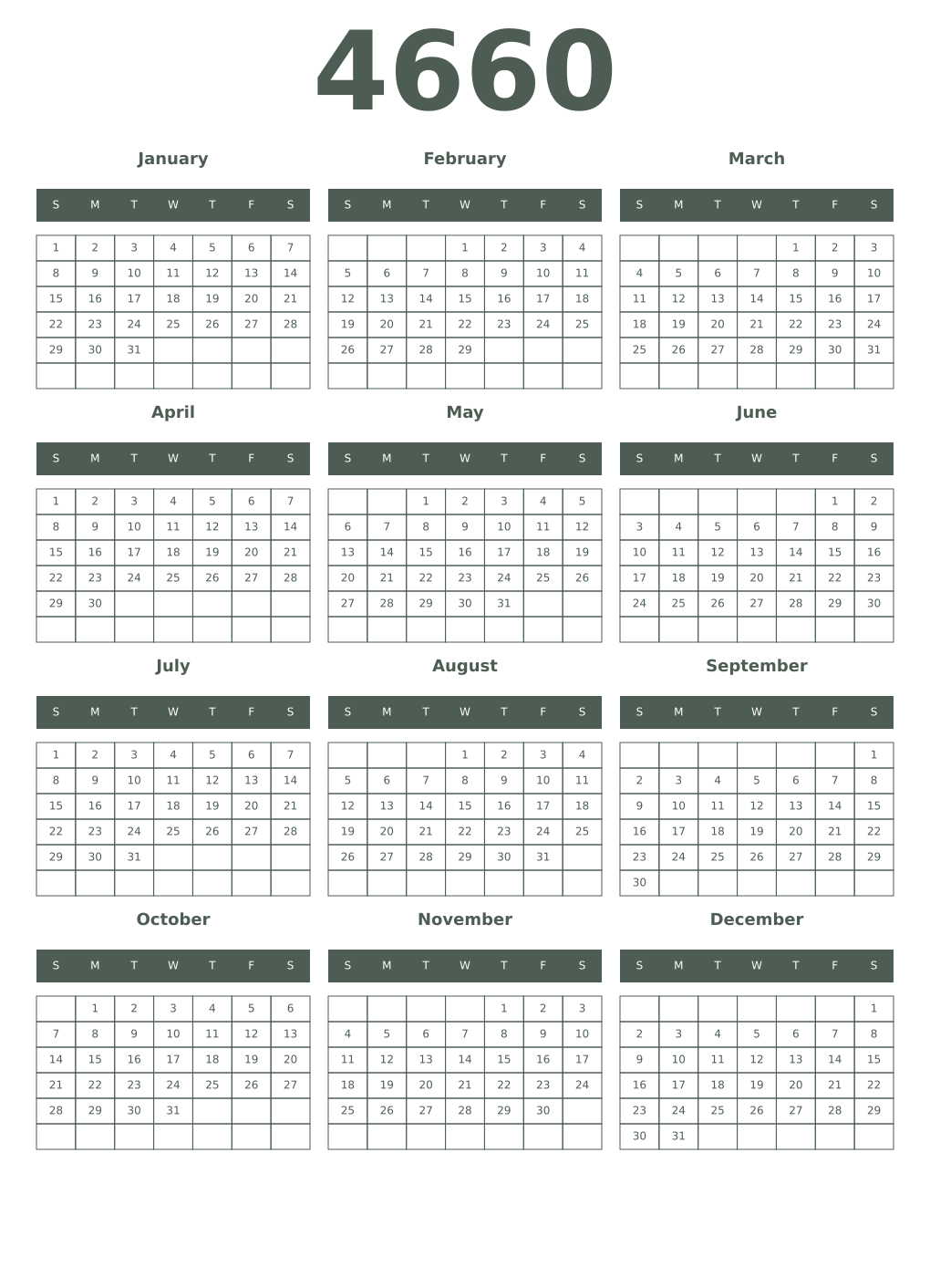 Printable 4660 Year Calendars feldgrau