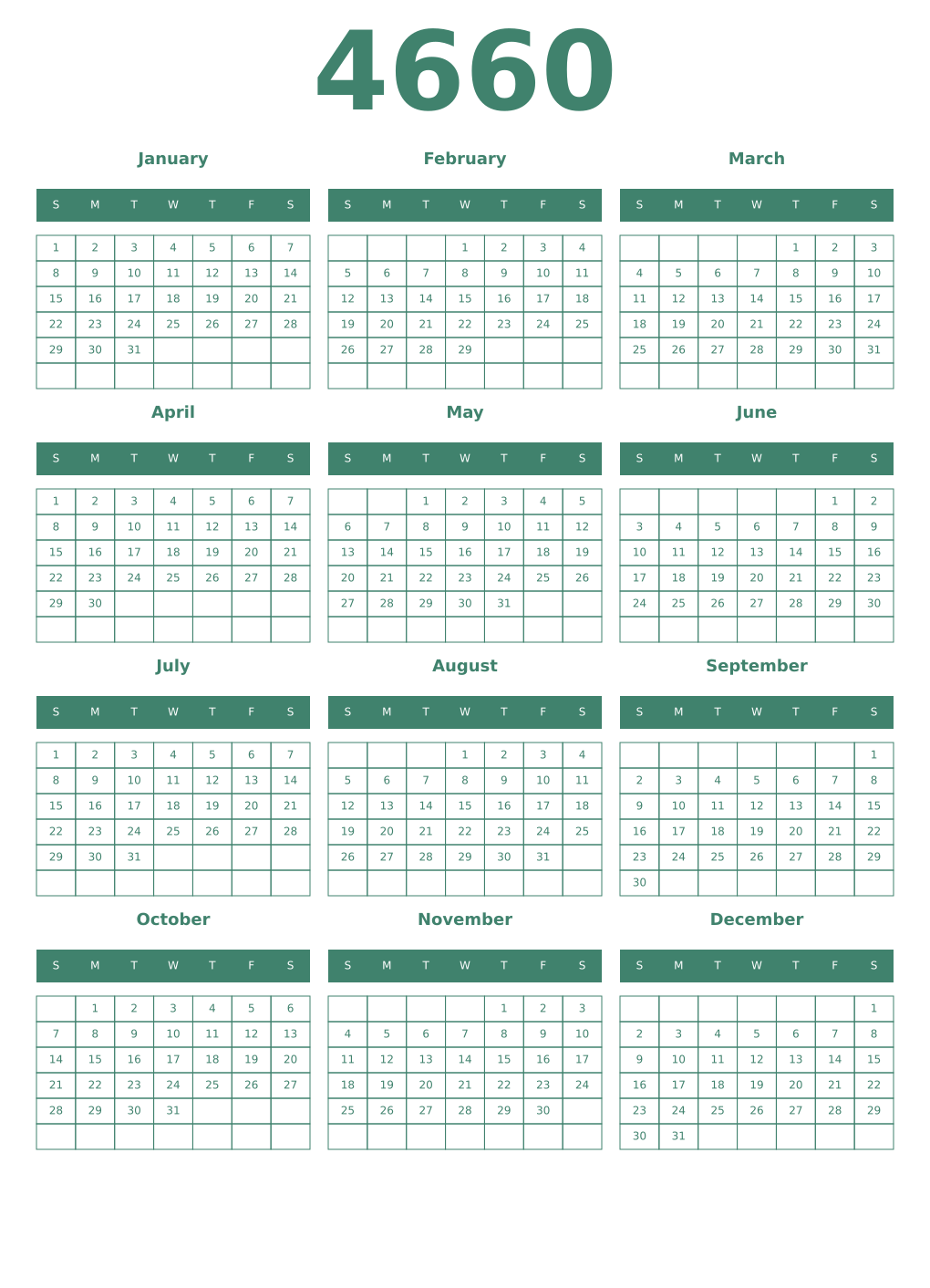 Printable 4660 Year Calendars viridian