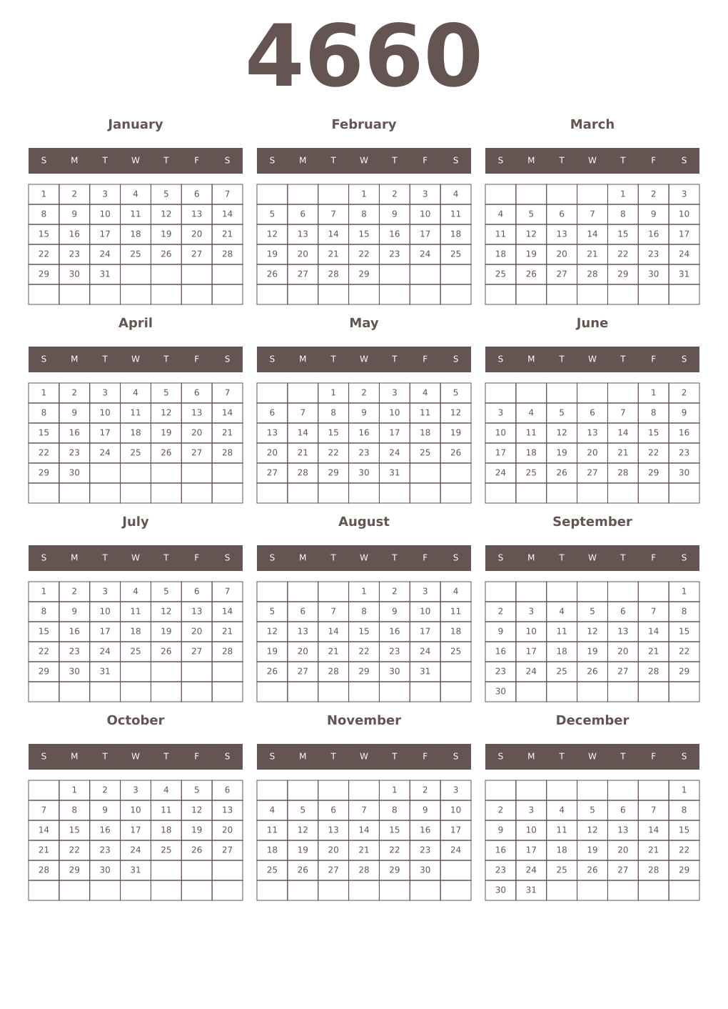 Printable 4660 Year Calendars wenge