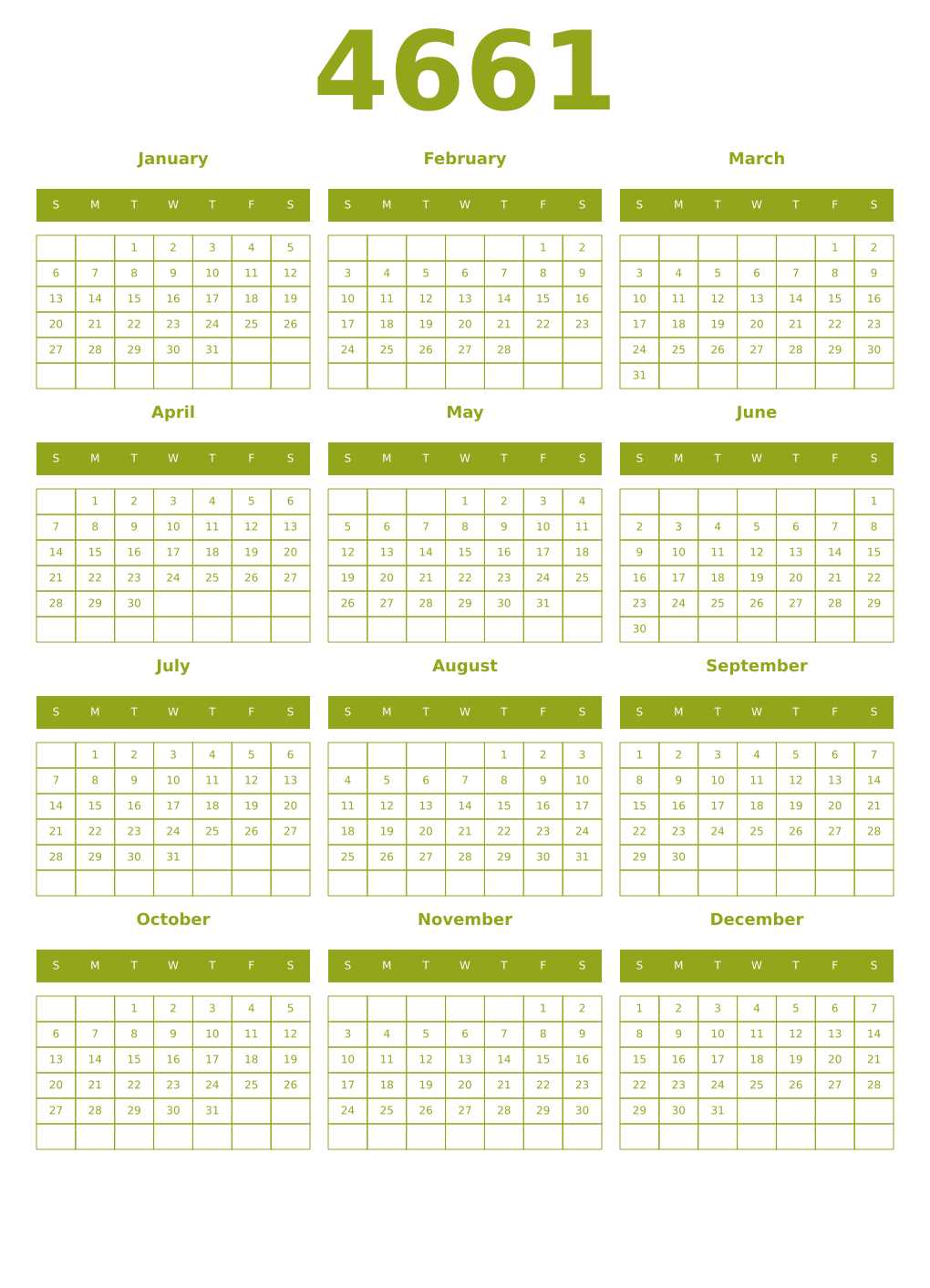 Printable 4661 Year Calendars chartreuse