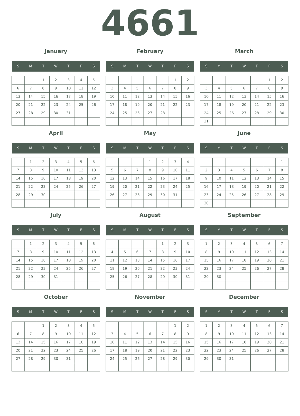 Printable 4661 Year Calendars feldgrau