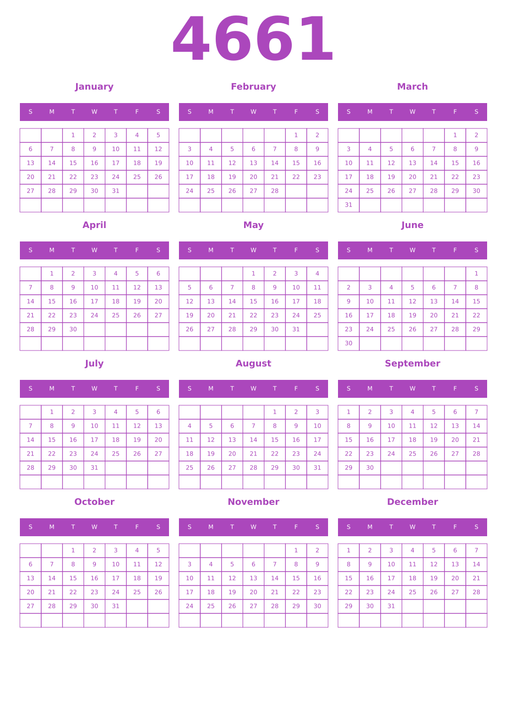 Printable 4661 Year Calendars purple