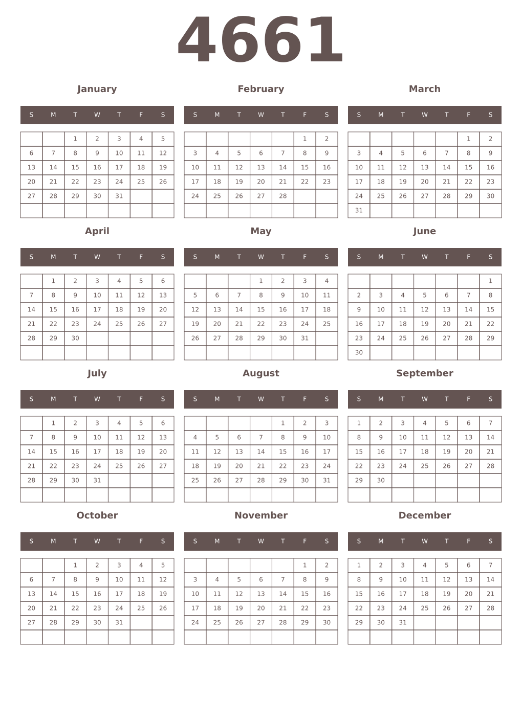 Printable 4661 Year Calendars wenge