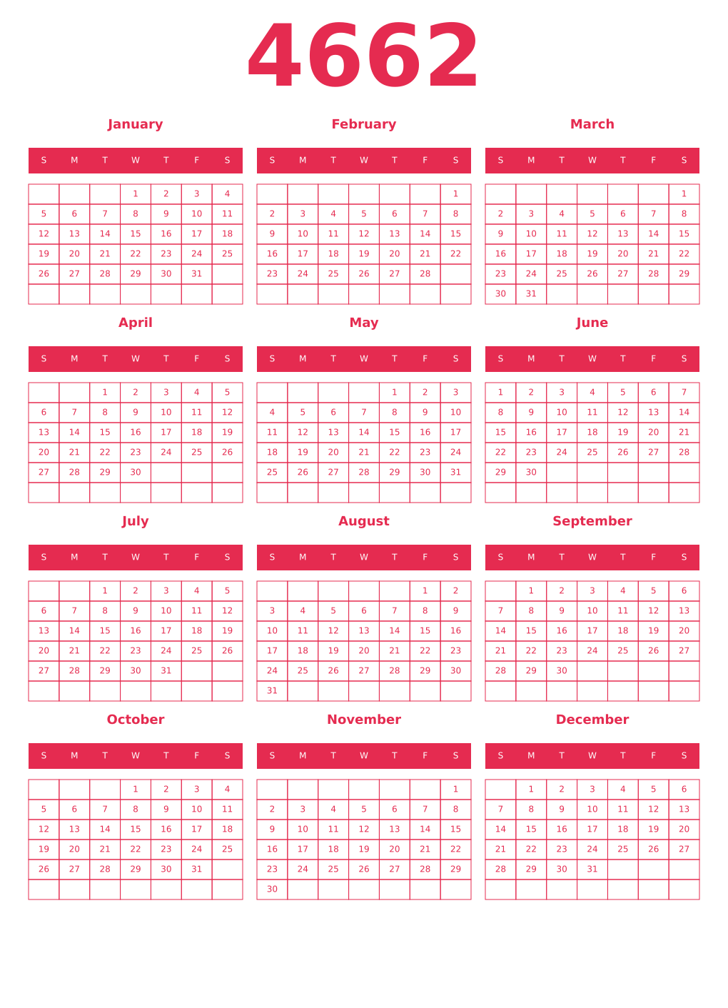 Printable 4662 Year Calendars amaranth