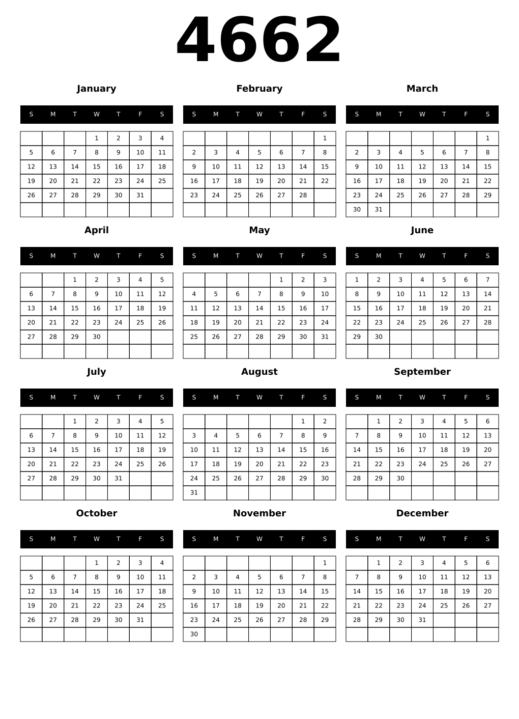 Printable 4662 Year Calendars black