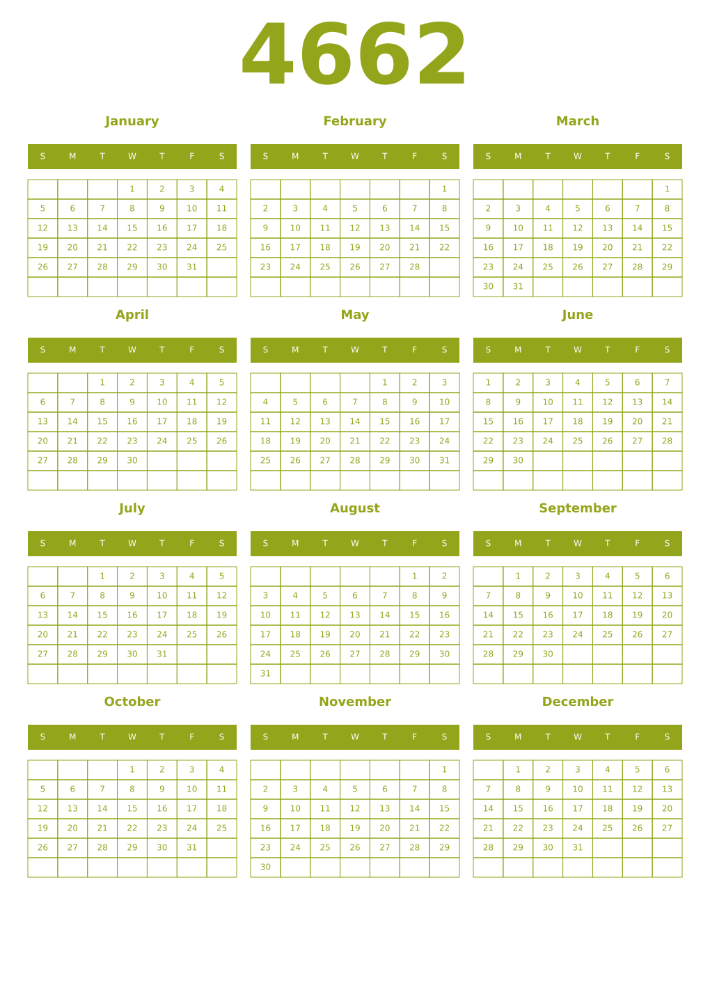 Printable 4662 Year Calendars chartreuse