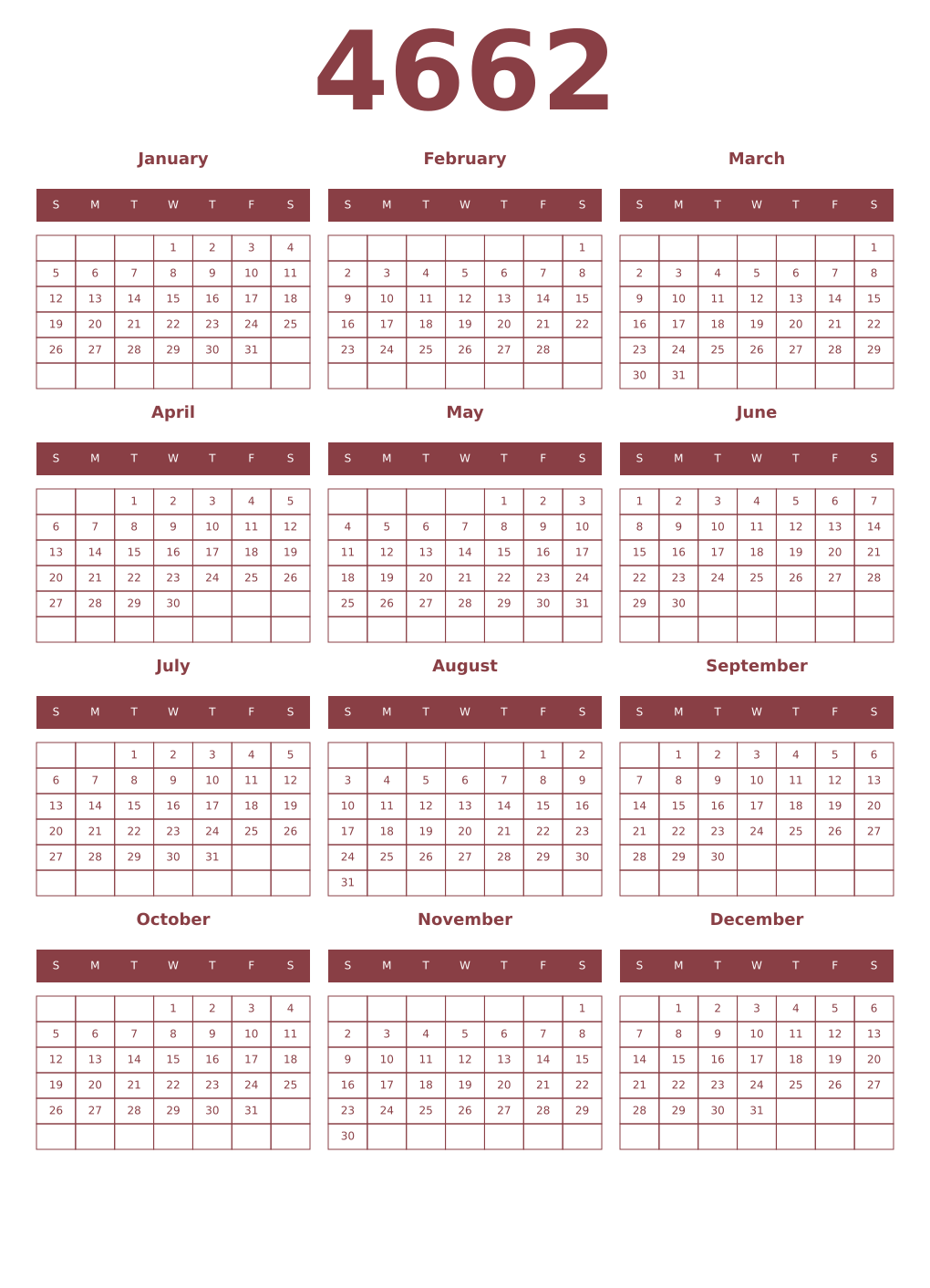 Printable 4662 Year Calendars cordovan