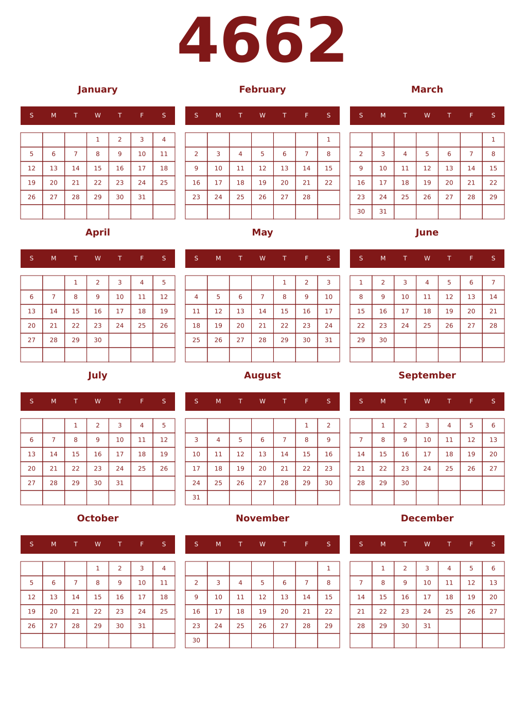 Printable 4662 Year Calendars falu