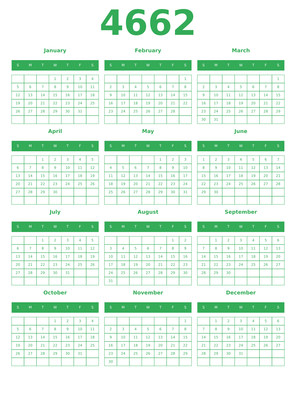 Printable 4662 Year Calendars green