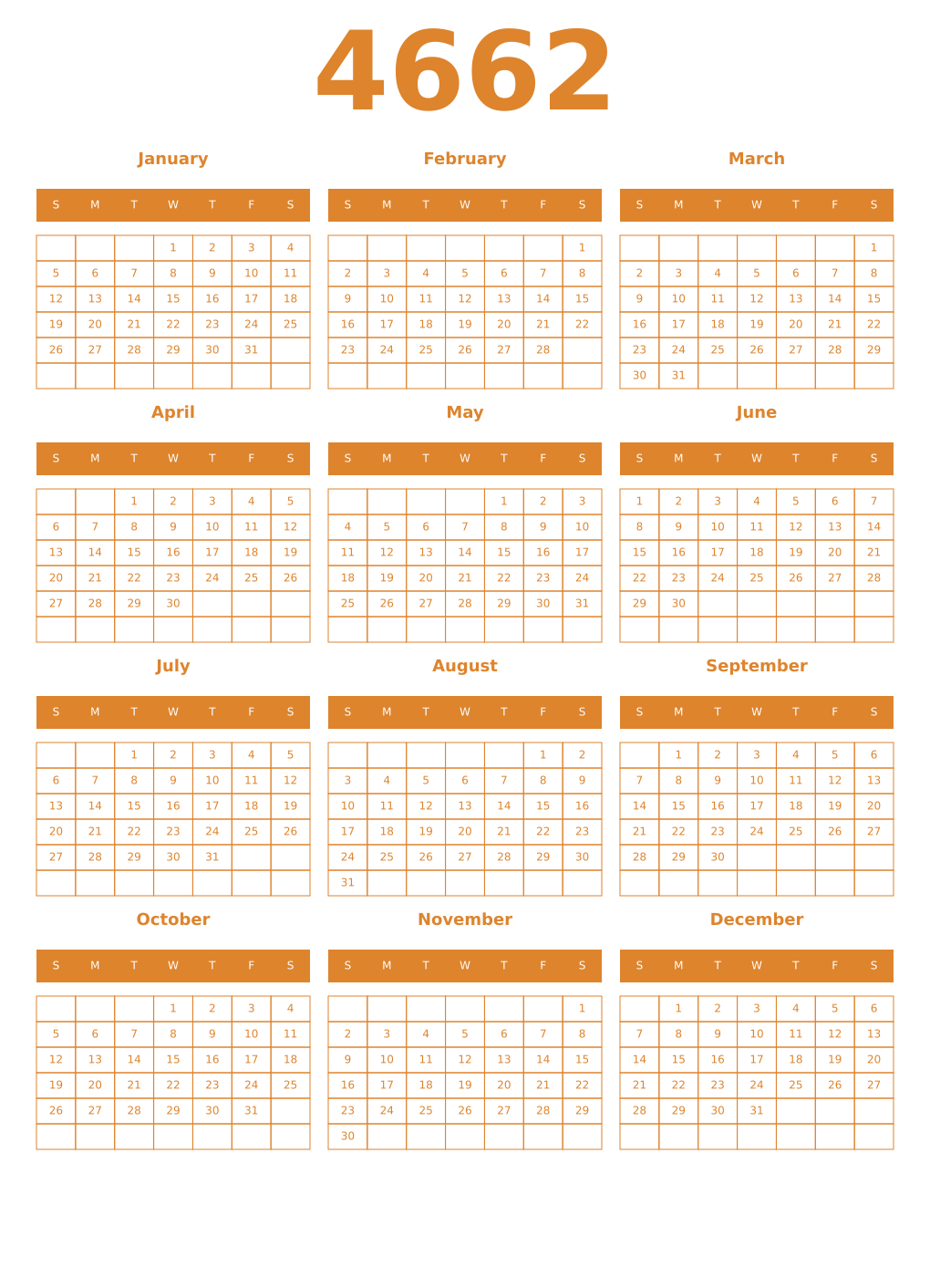 Printable 4662 Year Calendars orange