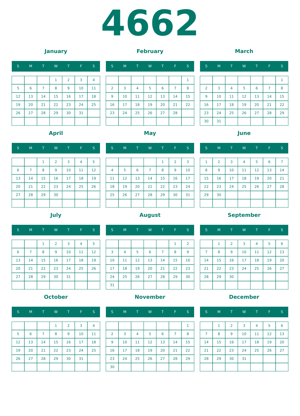 Printable 4662 Year Calendars pastel