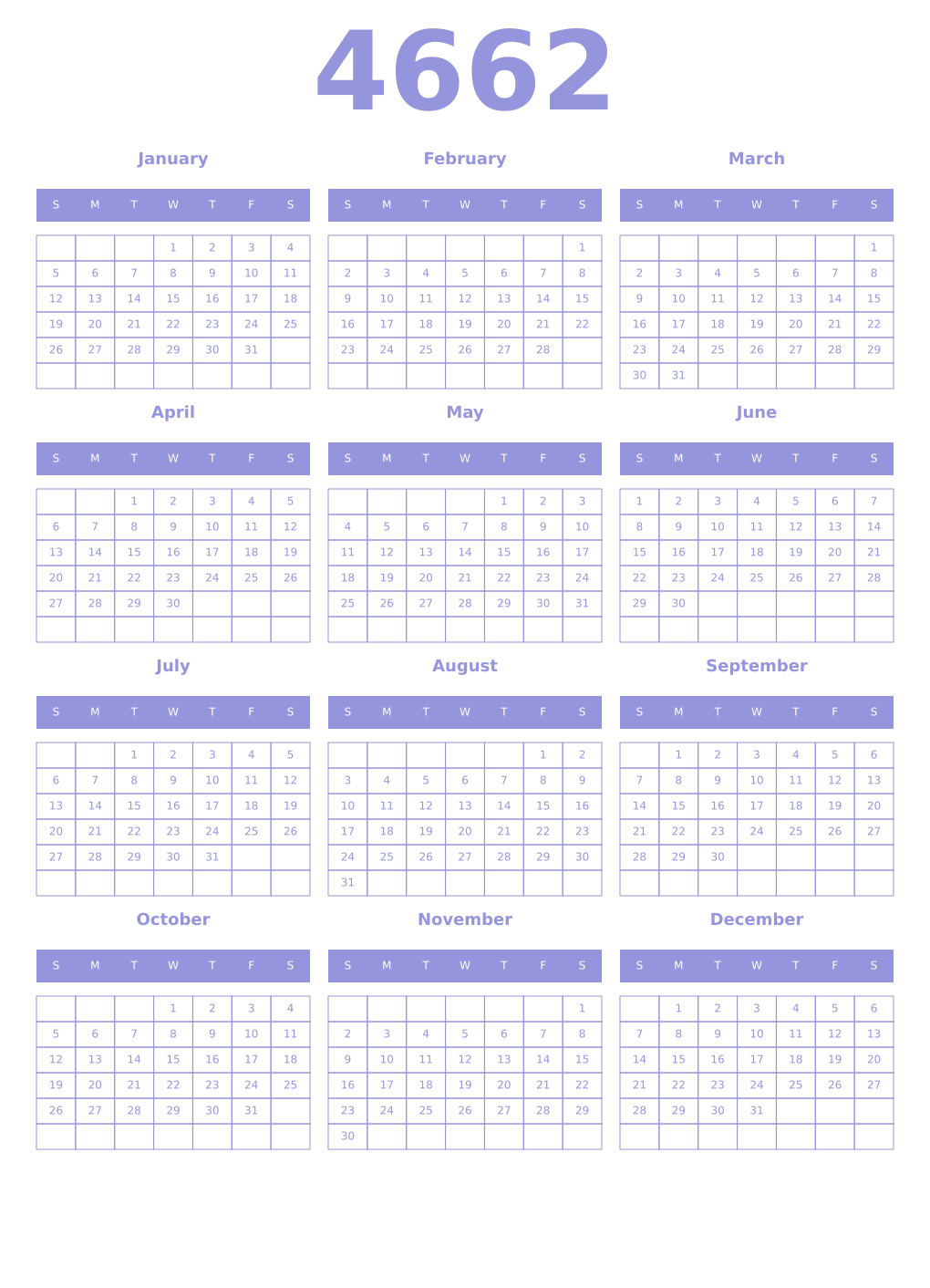 Printable 4662 Year Calendars periwinkle