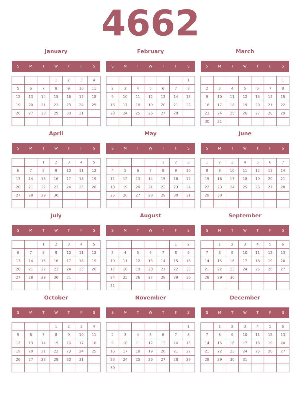 Printable 4662 Year Calendars puce