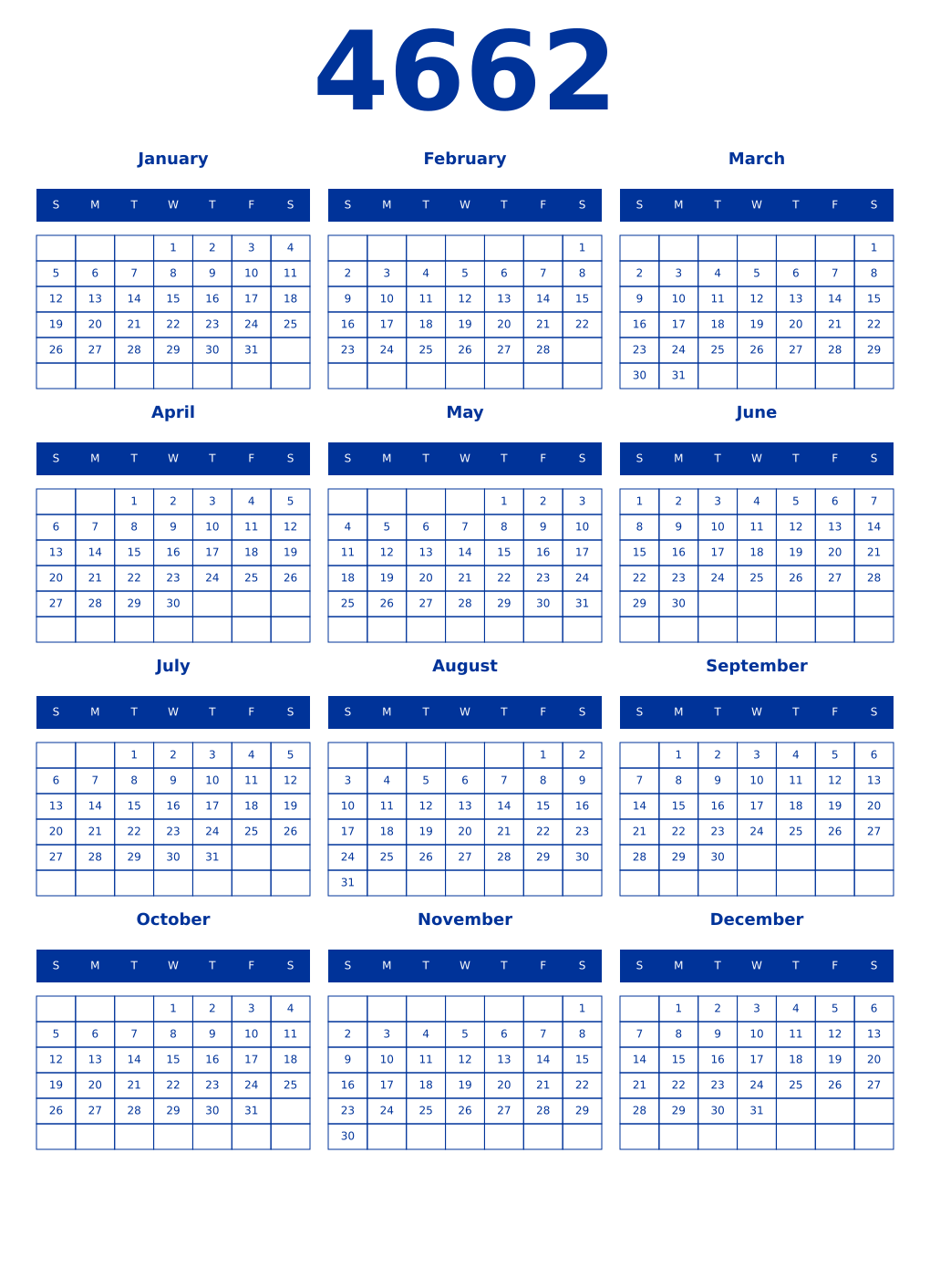 Printable 4662 Year Calendars smalt