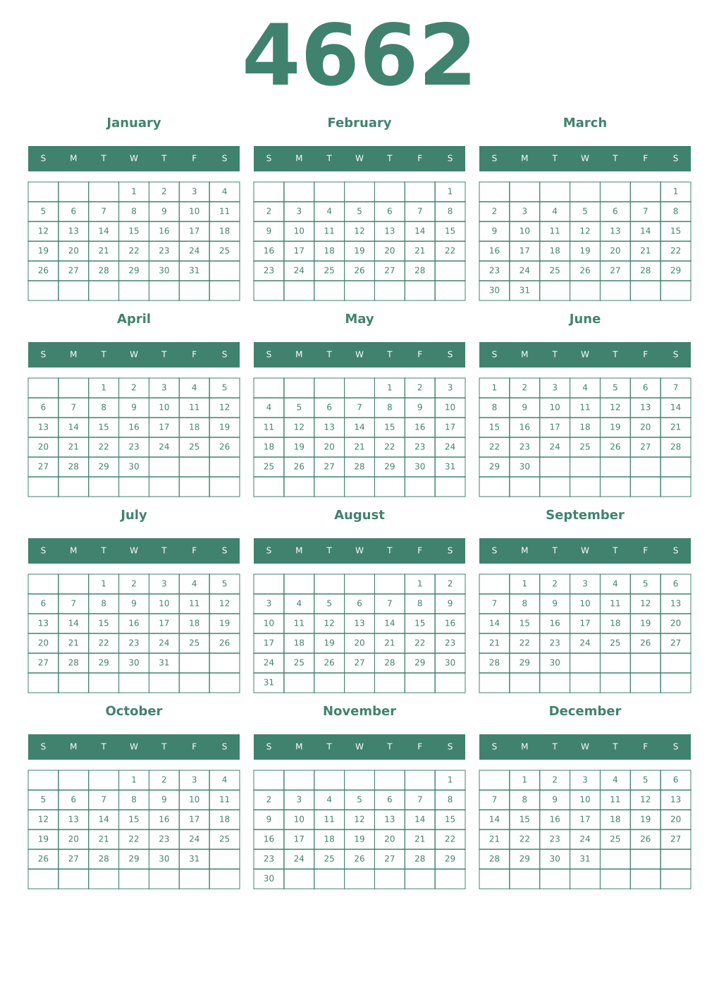 Printable 4662 Year Calendars viridian