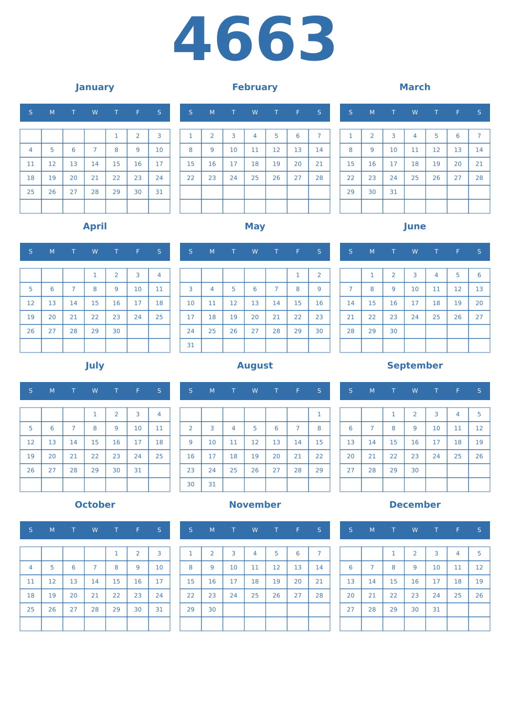 Printable 4663 Year Calendars blue