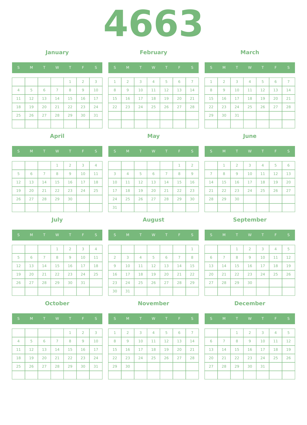 Printable 4663 Year Calendars celadon